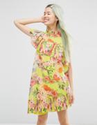 Asos Pleated Shift Dress In Bright Acid Floral - Yellow