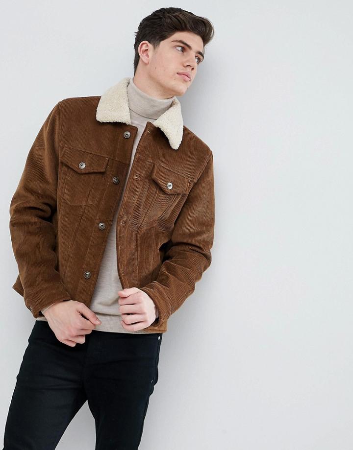 Mango Man Corduroy Jacket With Fleece Collar In Tan - Tan