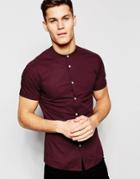 Asos Skinny Shirt In Burgundy With Grandad Collar And Short Sleeves - Burgundy