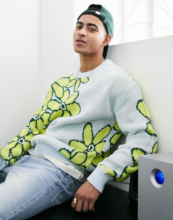 Jack & Jones Originals Jacquard Knit Sweater With Floral Design In Blue