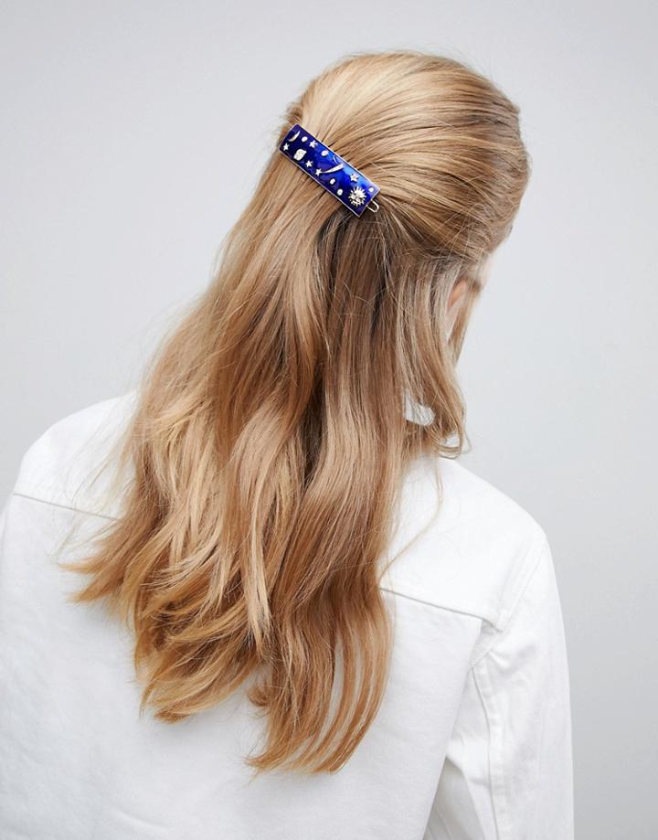 Asos Design Barette Hair Clip With Moon And Star Enamel Design In Blue - Blue