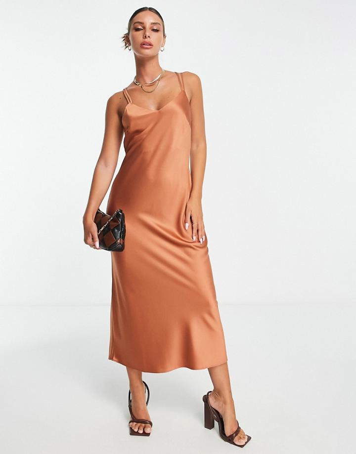 River Island Satin Cowl Neck Midi Dress In Rust-orange