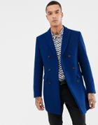 Devils Advocate Premium Wool Rich Double Breasted Peak Lapel Overcoat With Bee Lapel Pin - Navy