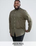 Asos Plus Regular Fit Khaki Shirt With Grandad Collar - Green