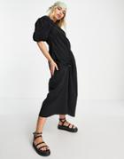 Topshop Sporty Channel Puff Sleeve Midi Dress In Black