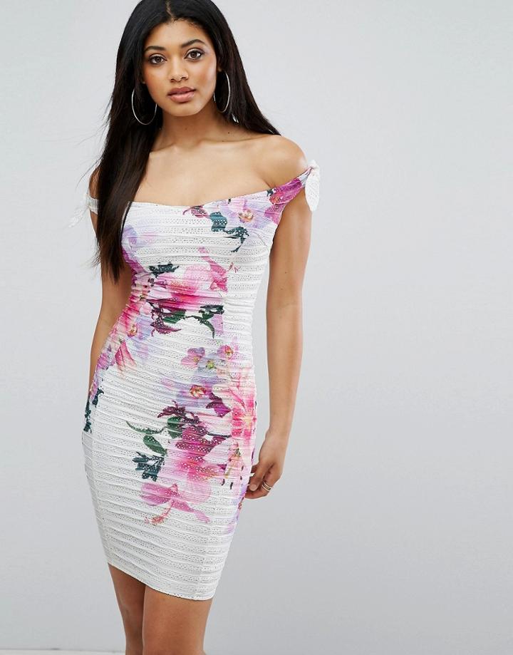 Lipsy V Neck Pencil Dress In Printed Lace - Multi