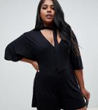 Asos Design Curve Romper With Tie Neck And Kimono Sleeve - Black