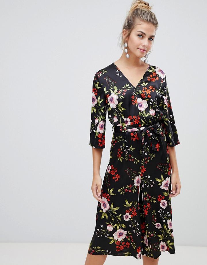 Influence Floral Satin Print Jumpsuit With Tie Waist - Black