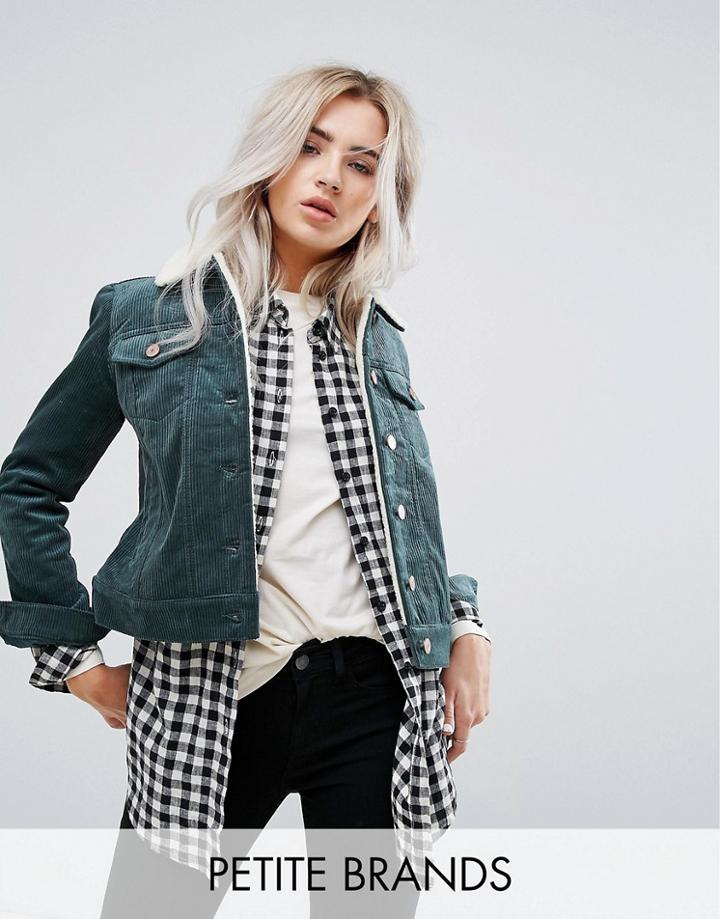 Noisy May Petite Cord Jacket With Fleece Collar - Green