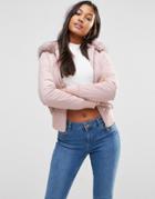 Lipsy Bomber Jacket In Pink With Faux Fur Hood - Pink