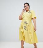 Asos Design Curve Midi Dress With Embroidery And Ruffle Detail - Yellow