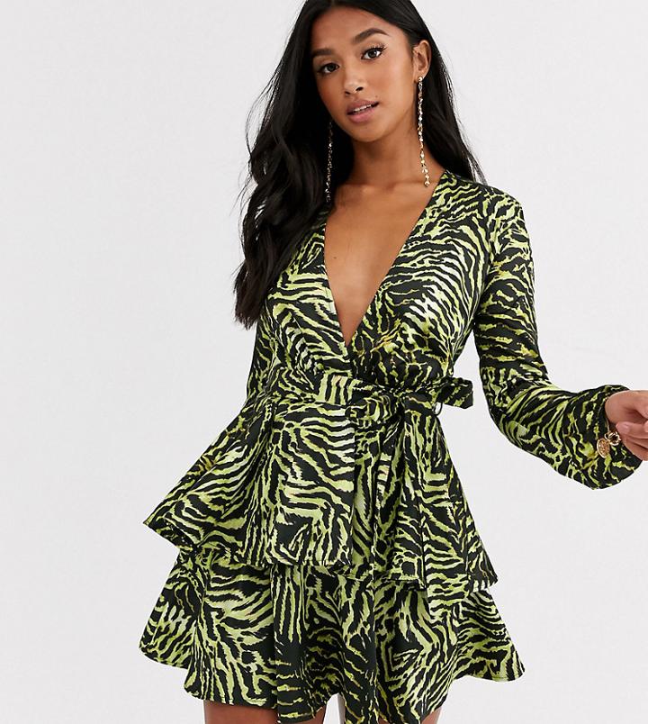 John Zack Petite Plunge Front Skater Dress In Lime Zebra
