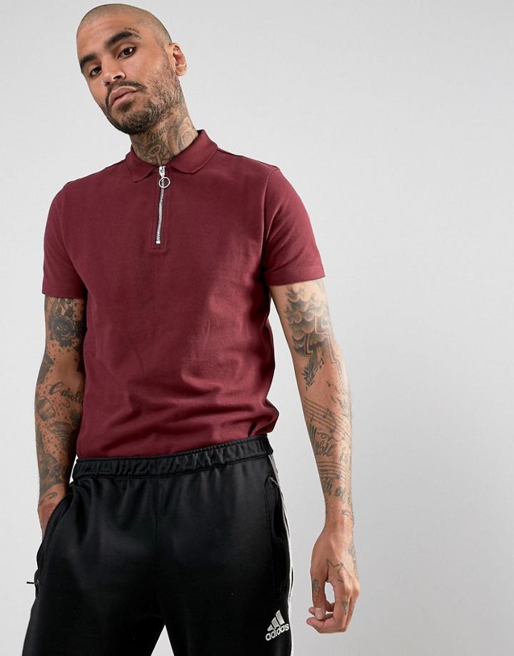 Asos Pique Polo With Zip Neck In Red - Red