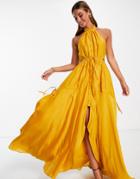 Asos Design Halter Maxi Dress With Button Up Detail And Tiered Skirt In Mustard-yellow