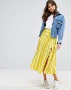 Asos Satin Pleated Midi Skirt With Thigh Split - Yellow