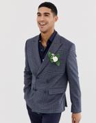 Asos Design Wedding Slim Double Breasted Blazer In Wool Mix With Blue Houndstooth Check