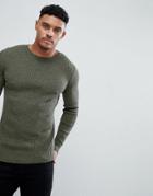 Asos Muscle Fit Ribbed Sweater In Khaki Twist - Green