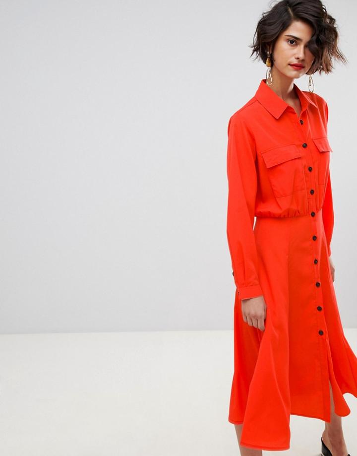 Warehouse Pocket Detail Button Down Shirt Dress - Red