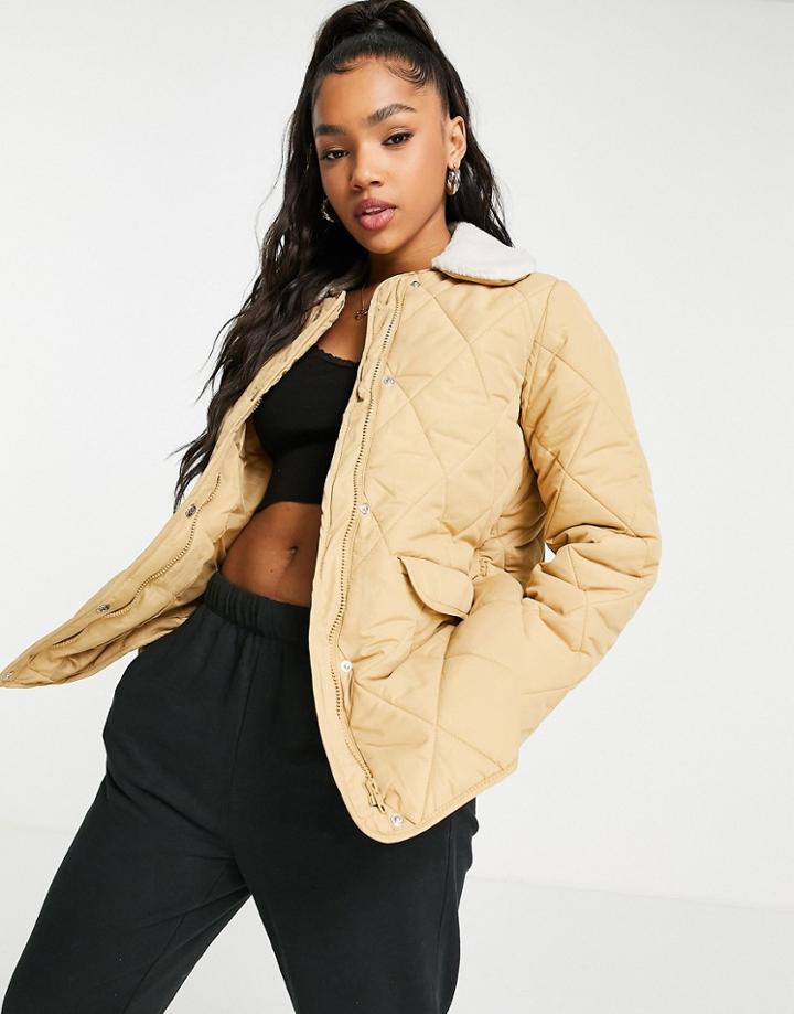 Pieces Quilted Padded Jacket With Contrast Collar In Beige-neutral