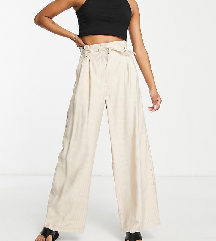 Vila Petite High Waisted Wide Leg Pants In Cream Pinstripe-neutral