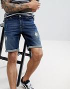Only & Sons Denim Shorts With Distress And Wash - Blue