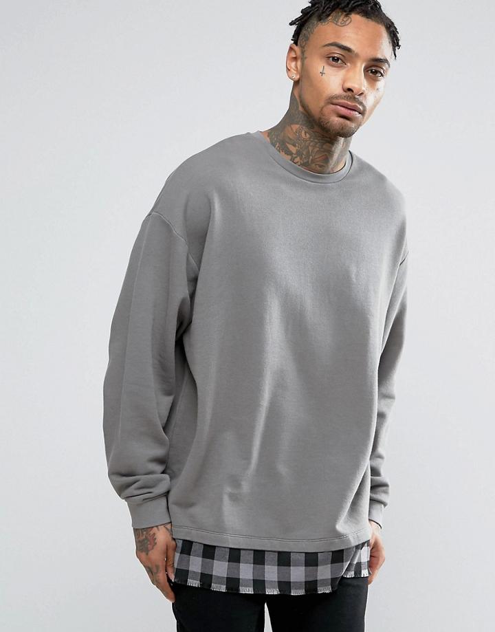 Asos Oversized Sweatshirt With Check Hem - Gray