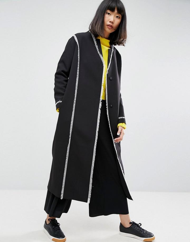 Asos White Frayed Seam Overcoat - Black