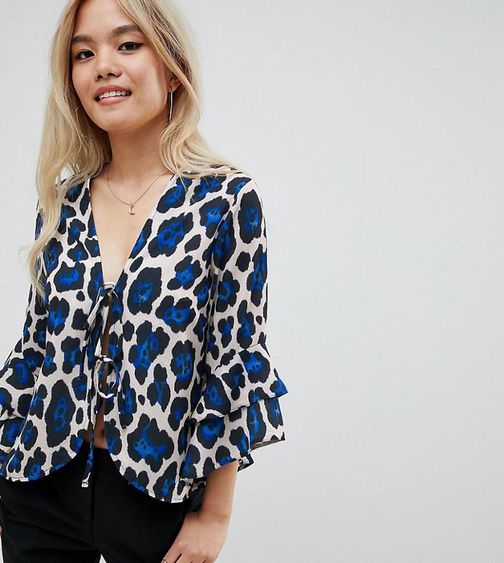 John Zack Petite Plunge Front Blouse In Blue Leopard - Multi