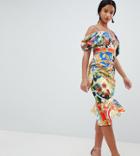 Asos Design Petite Scuba Cold Shoulder Printed Trophy Square Neck Midi Dress-multi