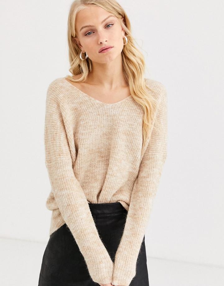 Only Brushed Rib V Neck Sweater-beige