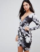 Jessica Wright Long Sleeve Palm Tree Print Wrap Dress - Black