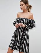Influence Stripe Frill Bardot Dress - Black