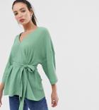 Asos Design Tall Textured Oversized Top With V Neck And Tie Waist-green