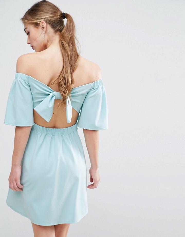 Asos Crepe Bardot Bow Back Mini Dress - Blue