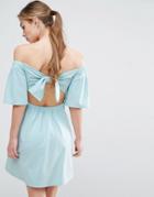 Asos Crepe Bardot Bow Back Mini Dress - Blue