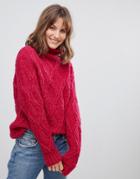 People Tree Hand Knitted Cable Knit Wool High Neck Oversized Sweater - Pink