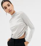 Missguided Ruched Side Long Sleeve Crop Top In Silver - Silver