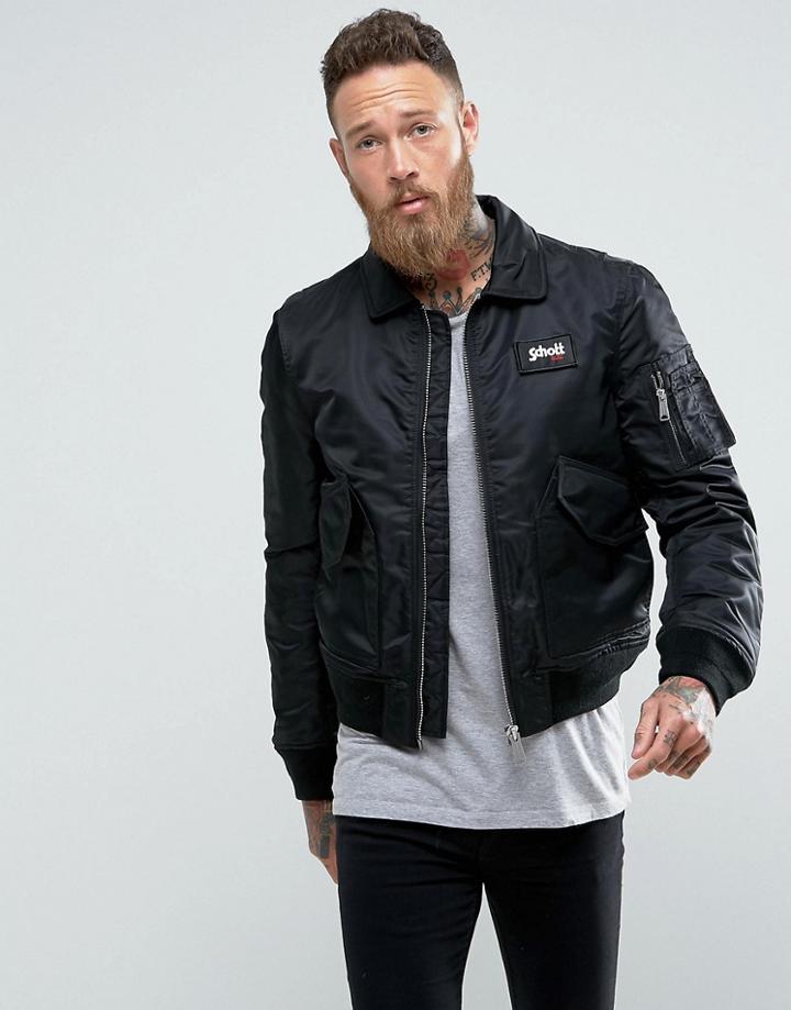 Schott Cwu Nylon Flight Bomber Slim Fit In Black - Black