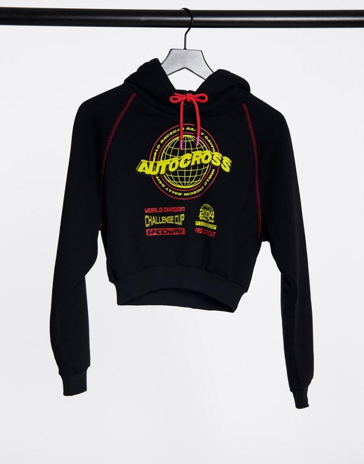 Topshop Autocross Slogan Hoodie In Black