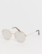 Asos Design Round Sunglasses In Rose Gold With Cap Detail & Silver Mirrored Lens