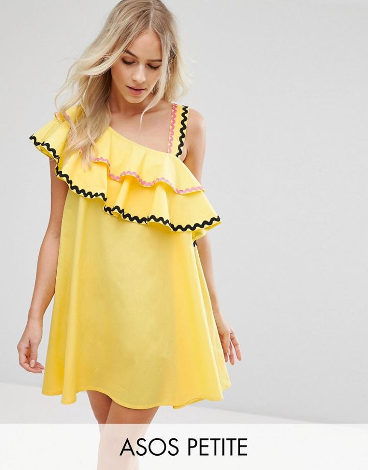 Asos Petite Rik Rak Trim Ruffle One Shoulder Sundress In Structured Cotton - Yellow