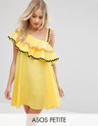 Asos Petite Rik Rak Trim Ruffle One Shoulder Sundress In Structured Cotton - Yellow
