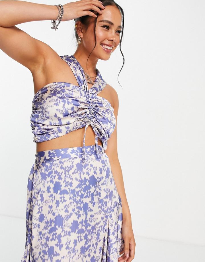 Topshop Premium Blur Print Ruched Front Top In Blue-blues