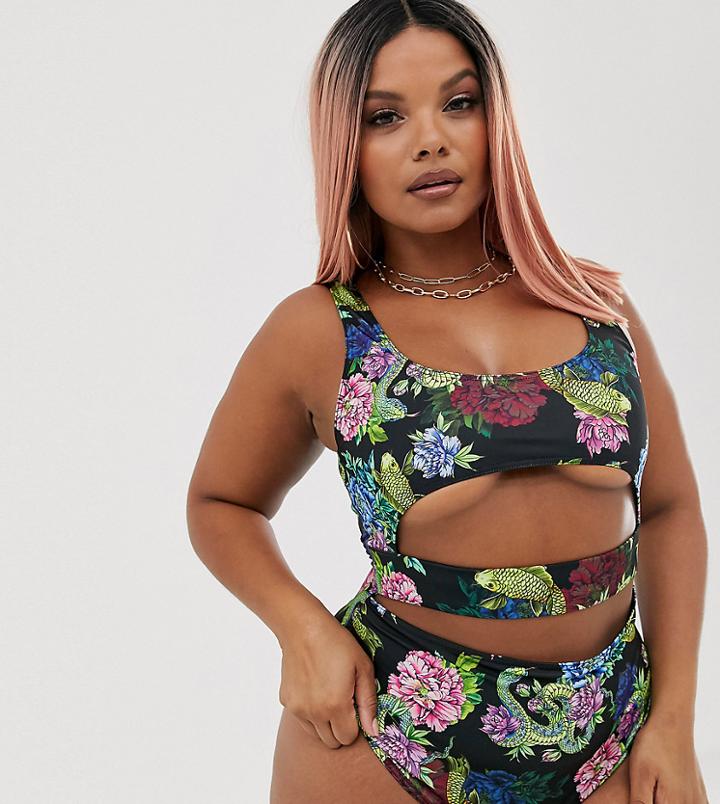 Asos Design Recycled Curve Underboob Strap Swimsuit In Tattoo Rose Print - Multi