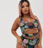 Asos Design Recycled Curve Underboob Strap Swimsuit In Tattoo Rose Print - Multi
