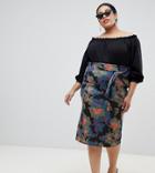 Lost Ink Plus Midi Pencil Skirt With Paperbag Waist In Oversized Bloom - Multi