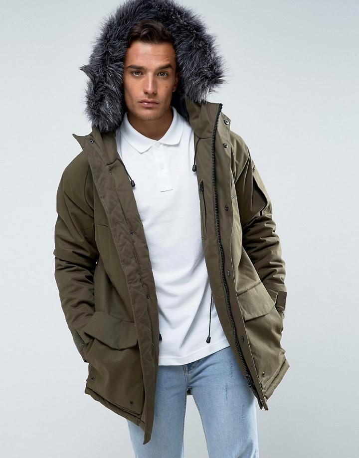 Bellfield Parka With Faux Fur Hood - Green