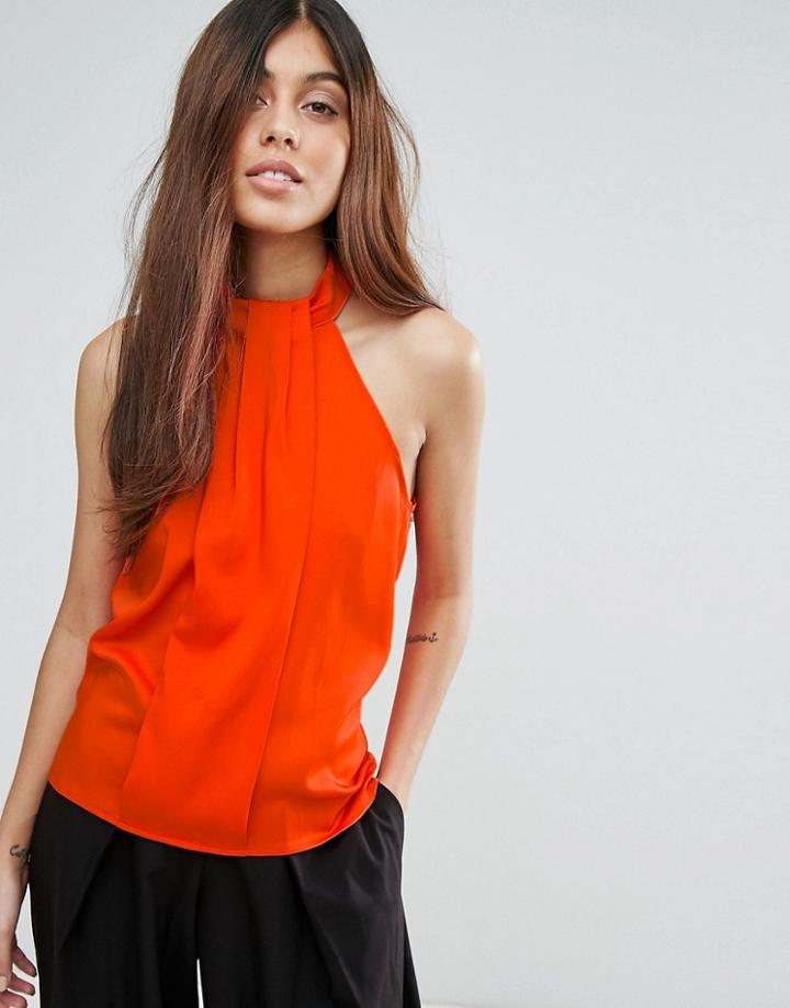 Vesper Pleated Halterneck Tank Top - Orange