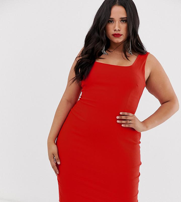 Vesper Plus Square Neck Pencil Dress In Red
