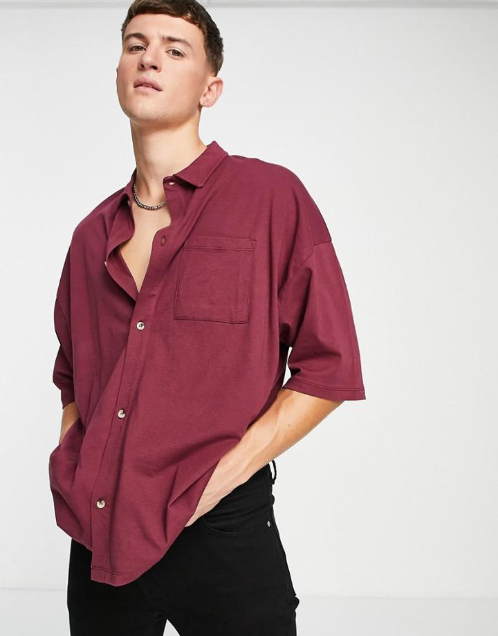 Asos Design Oversized Jersey Shirt In Burgundy-red